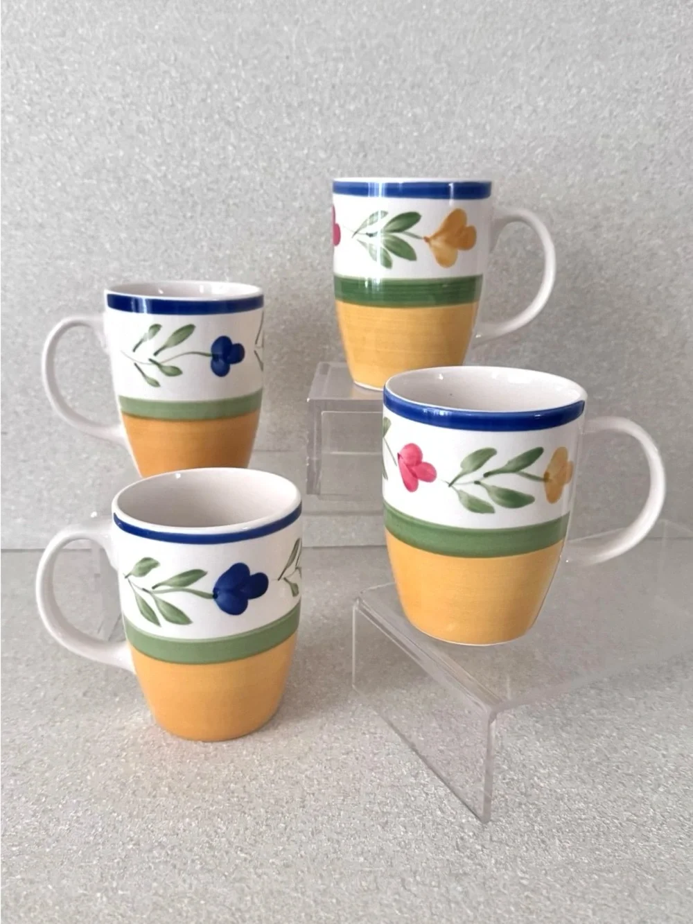 Vintage Pier 1 Hand Painted Floral Stoneware Mugs Yellow Green Blue Set of 4